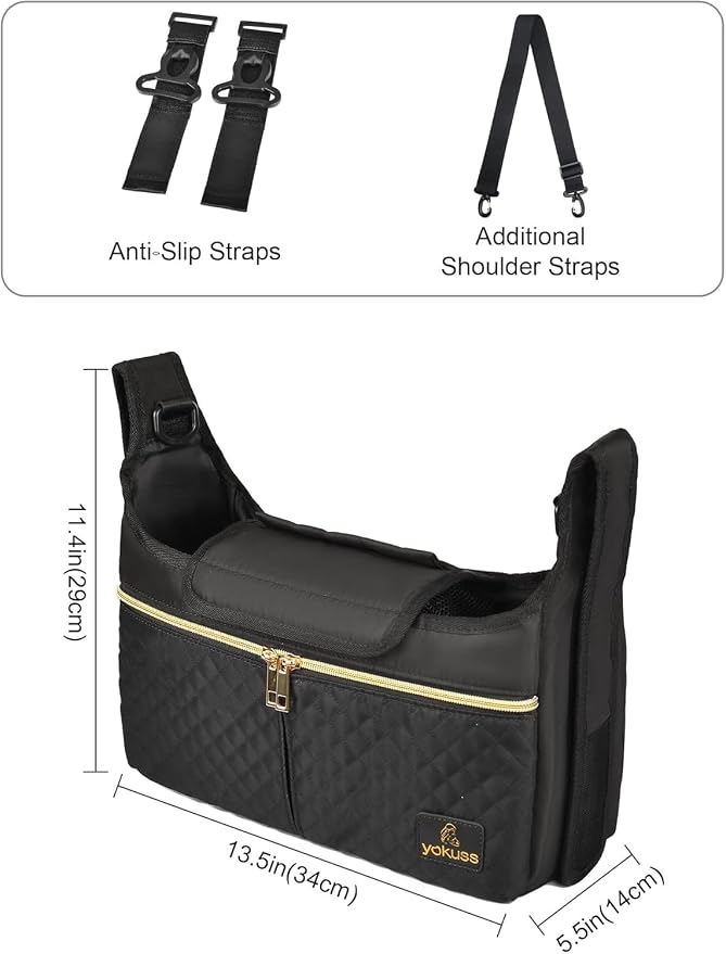 Universal Stroller Organizer Bag, Black Quilted Design with 2 Insulated Bottle Pockets, Multiple Storage Compartments, Tissue Holder, 6 x 4 x 2.5 Inches