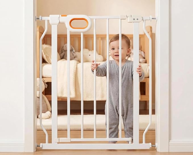 Small Narrow Baby Gate for Stairs 23.8-28.3 Inch Wide Narrow Dog gate No Drilling with Walk-Through Door,White