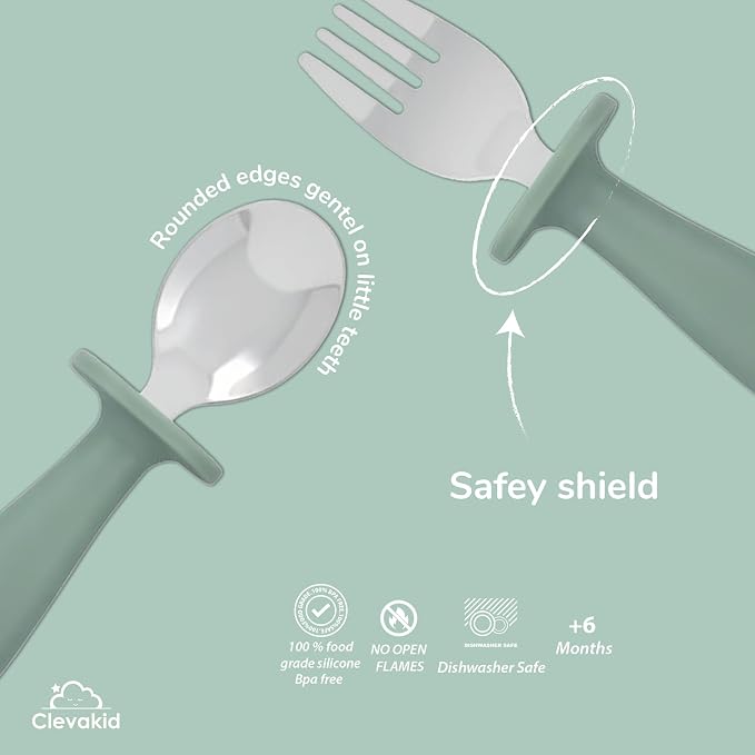 Toddler Stainless Steel Spoon & Fork Set, Non-Slip Silicone Handle, BPA-Free, Self-Feeding (Green Olive)