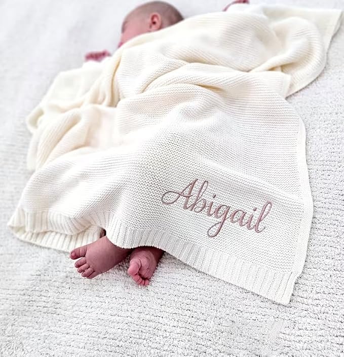 IZI POD Personalized Knit Baby Blanket, Embroidered Name Nursery Blanket, Custom Name Baby Boy Girl Blanket Shower, Baby Newborn Blanket, Baby Boy Girl Knit Blanket, Baby Gift