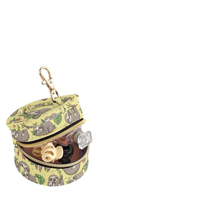 Cute Sloth Leaves Yellow Print Pacifier Holder Case for Diaper Bag Portable Travel Pacifier Storage Case with Clip Newborn Baby Pouch for Baby Boys Girls Outdoor Purse