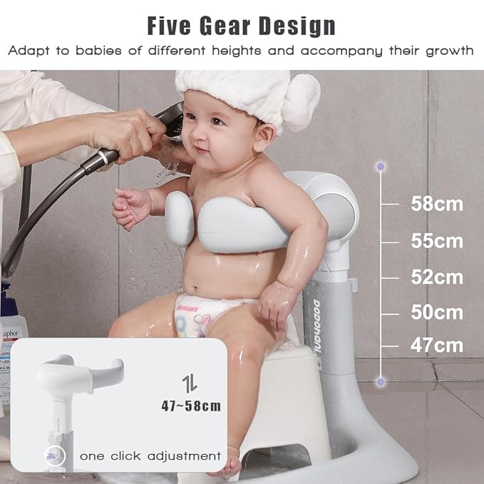 Baby Shower Stand 2025 Upgraded, Removable base, Shower Standing Support with Adjustable Height and Armrest, Bath Stand with Anti-Skip and Shower Head Holder, Ideal Gift for Infants 6-36 Months (grey)