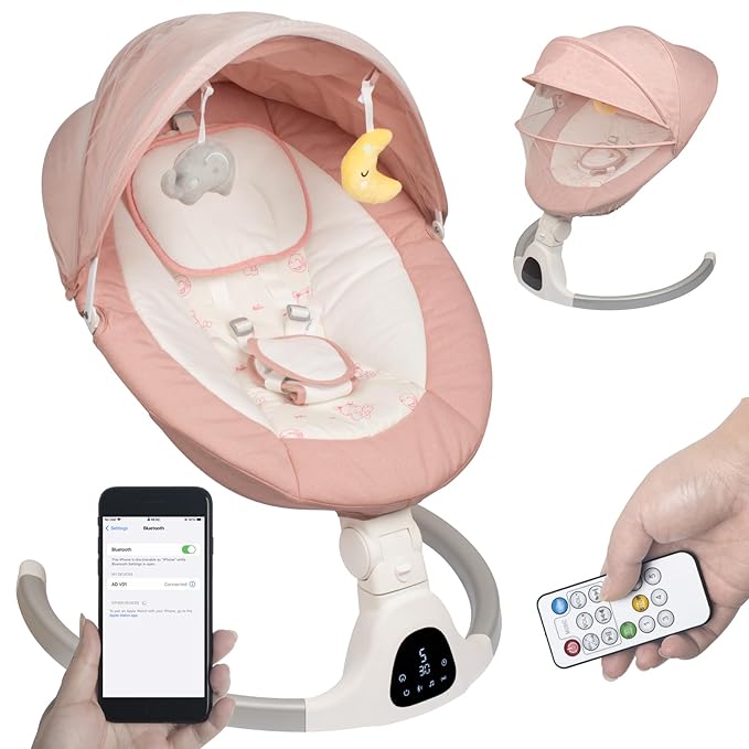 Baby Swing for Infants to Toddler Portable Babies Swing Timing Function 5 Swing Speeds Bluetooth Touch Screen Music Speaker with 10 Preset Lullabies 5-Point Carabiner (Pink)
