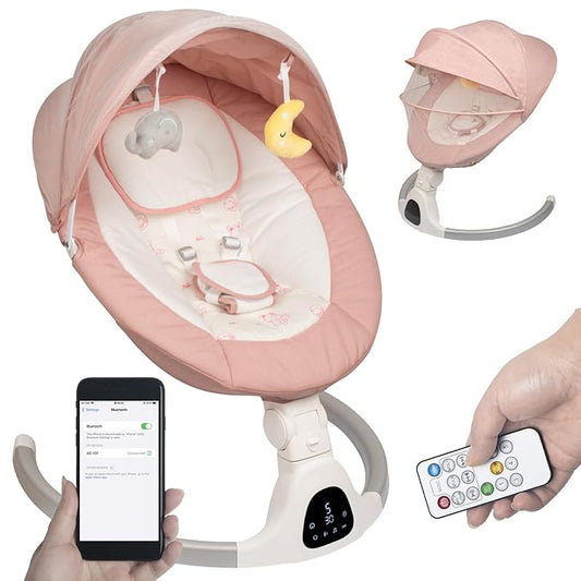 Baby Swing for Infants to Toddler Portable Babies Swing Timing Function 5 Swing Speeds Bluetooth Touch Screen Music Speaker with 10 Preset Lullabies 5-Point Carabiner (Pink)