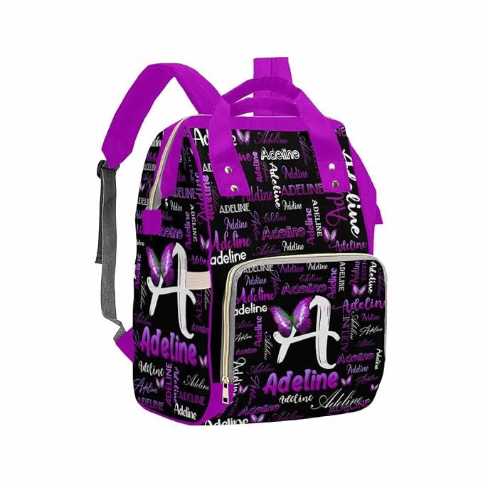 InterestPrint Custom Name Diaper Bag Personalized Purple Butterfly Logo Text Nappy Bags Customized Signature Diapering Bag Casual Daypack Travel Backpack Shoulder Bag for Hiking Camping Work