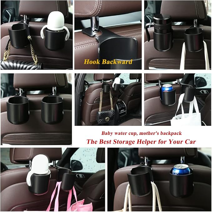 Car Seat Headrest Hook Organizer with Cup Holder - Universal Vehicle Storage Hanger for Handbags, Groceries, Backseat Organizer, Car Accessories Fit All Cars(Black)