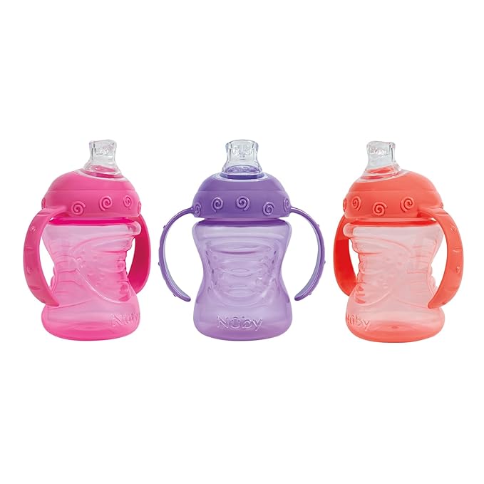 Nuby 3-Pack Two-Handle No-Spill Super Spout Grip N' Sip Cup, 8oz, 3 PK - Coral, Pink, Purple