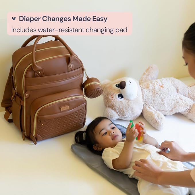 BabbleRoo Leather Diaper Bag Backpack - Baby Essentials Travel Baby Bag, Multi function, with Changing Pad, Stroller Straps & Pacifier Case ??Unisex, Midnight Blue