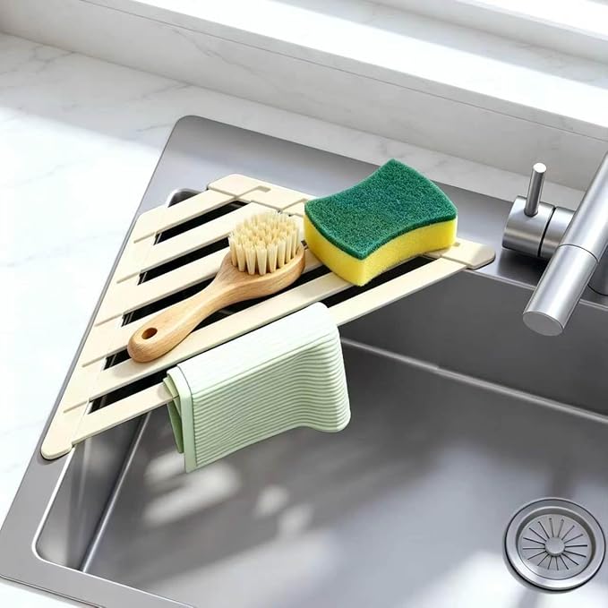 Sink Corner Drying Rack - Foldable Triangular Sink Sponge Holder, Dish Drying Rack Over the Sink, Kitchen Sink Accessories (White, 13.78" x 7.87")