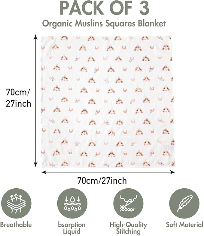 GLLQUEN BABY Receiving Blanket Boy Cotton Muslin Swaddle Blankets Girl Newborn Squares Breathable & Soft Thin Baby Blankets Cloths Double Absorbent Infant Swaddling Wrap - 3 Pack (Sun)