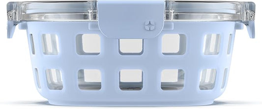 Ello Duraglass Meal Prep Container, 4 cup- Glass Food Storage Container with Silicone Sleeve and Airtight BPA-Free Plastic Lid, Dishwasher, Microwave, and Freezer Safe, Halogen Blue