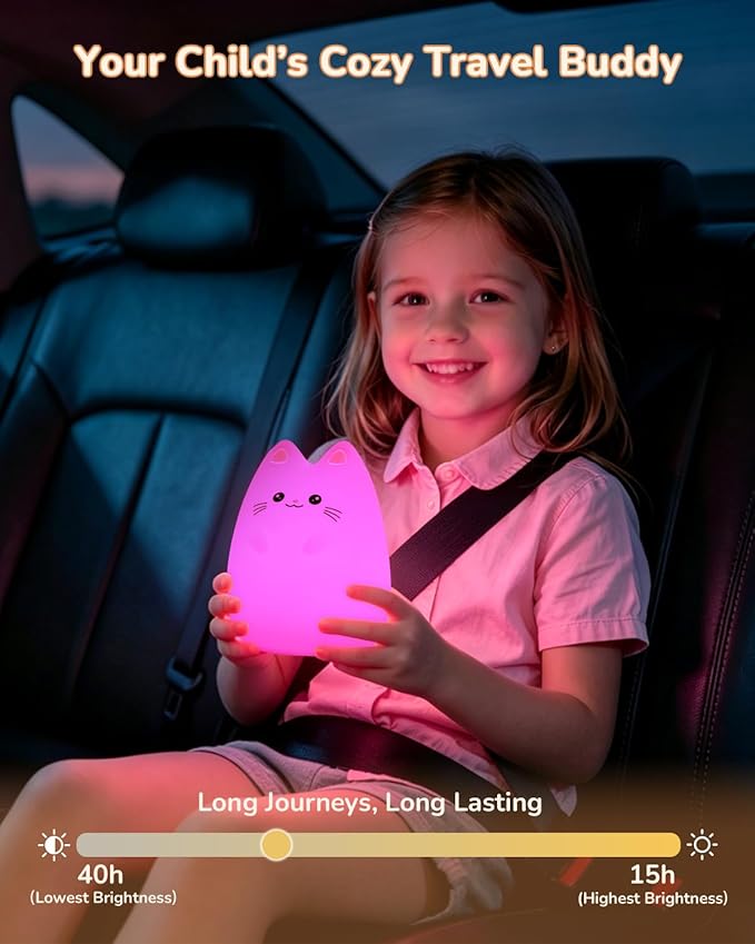 Night Light for Kids, LED Cat Squishy Animal Lamp for Baby, Soft Silicone Dimmable Bedside Touch Light with Timer, Battery Rechargeable Nightlight Girls Gifts Cute Room Decor