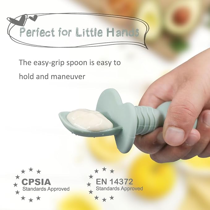 Ginbear Platinum Silicone Baby Spoons Self Feeding 6 Months First Stage, Non Toxic Infants Led Weaning Utensils for Training, Soft BLW Supplies Pack of 4 (Dark Sage/Ivory)