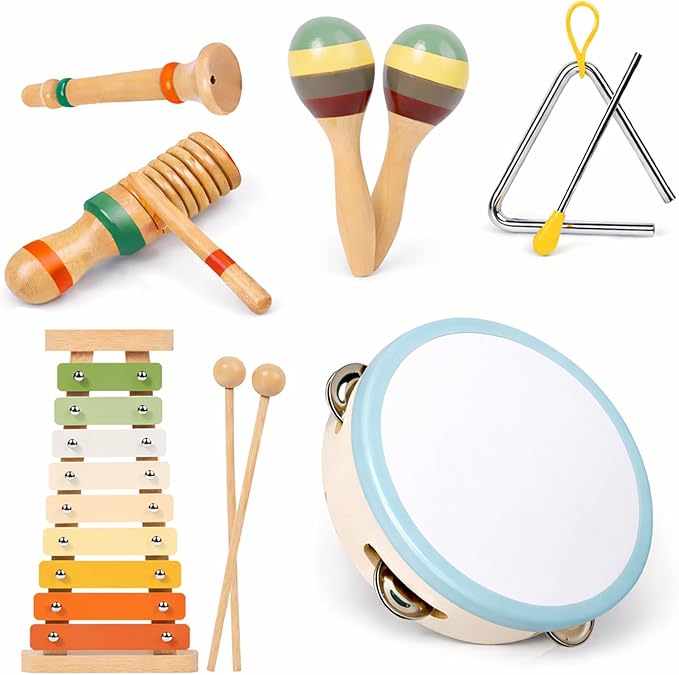 Wooden Musical Instruments Set for Toddlers 1??, Montessori Music Toys with Xylophone, Maracas & Tambourine, Soft Sound Indoor Percussion Toys, Early Learning Gift for Boys Girls
