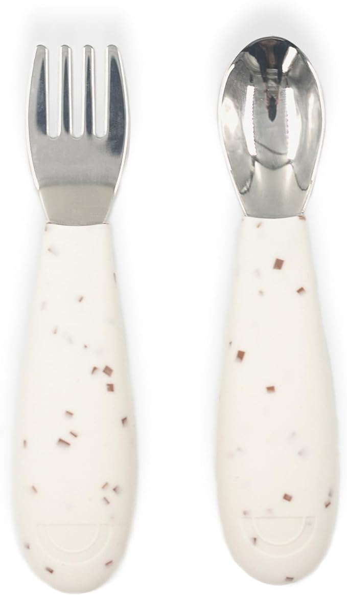 Yeah Baby Goods Silicone Toddler Fork & Spoon (Brown Speckle) - Easy Grip, Stainless Steel Kids Cutlery Set - Dishwasher Safe, Food Grade Silverware for Babies - Self-Feeding Toddler Utensils Set