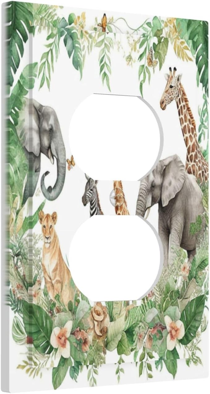 Tropical Leves Safari Animals Giraffe Elephant Zoo Outlet Covers 1 Gang Duplex Light Switch Cover Decorative Switch Plates Electrical Receptacle Faceplate Wall Plate for Kids Room Nursery Decor