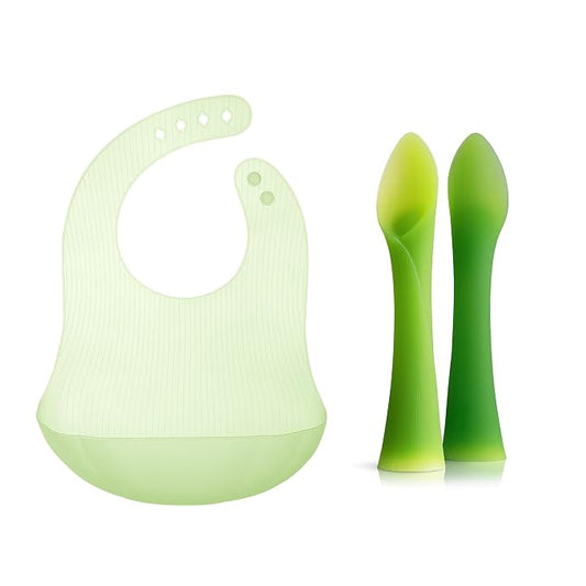 Olababy Training Spoon Set (Lime/Kale) + Fold N Go Silicone Baby Bib w Travel Case (Kiwi)