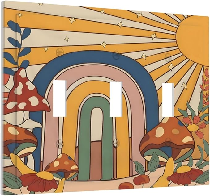 Boho Sun Rainbow Mushroom Hippie Vintage Floral Decorative Switch Plates 3 Gang Wall Plate Triple Toggle Light Switch Cover Faceplate Electrical Wall Panels for Kids Room Nursery Decor