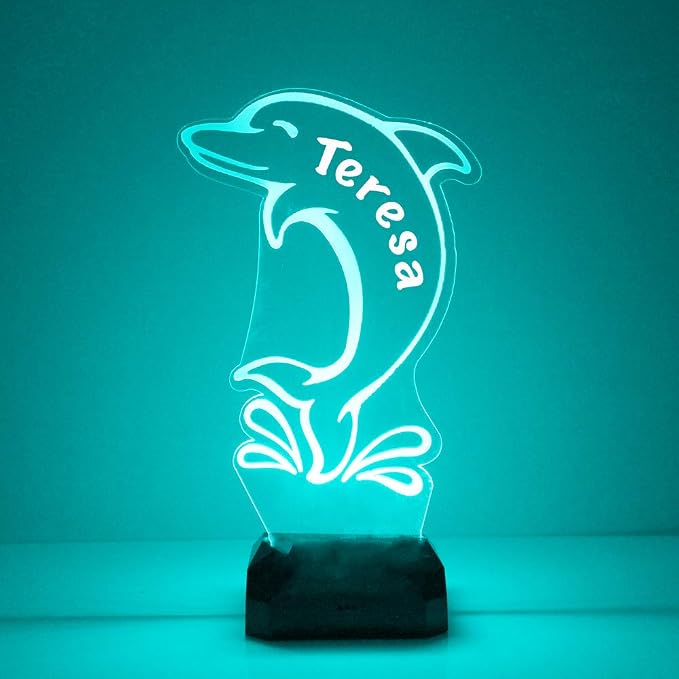 Personalized Dolphin LED Sign Night Light Lamp with Remote, Custom Text, Acrylic Display with 16 Colors & 4 Modes, Battery or USB Power, Made in The USA