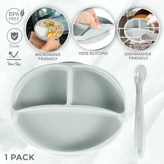 Sperric Silicone Suction Plate for Baby - 100% Food Grade Silicone Divided Plate | Toddler Self Feeding Training Suction Plate Set | BPA-Free, Microwave & Dishwasher Safe Stay Put Plates (Gray)