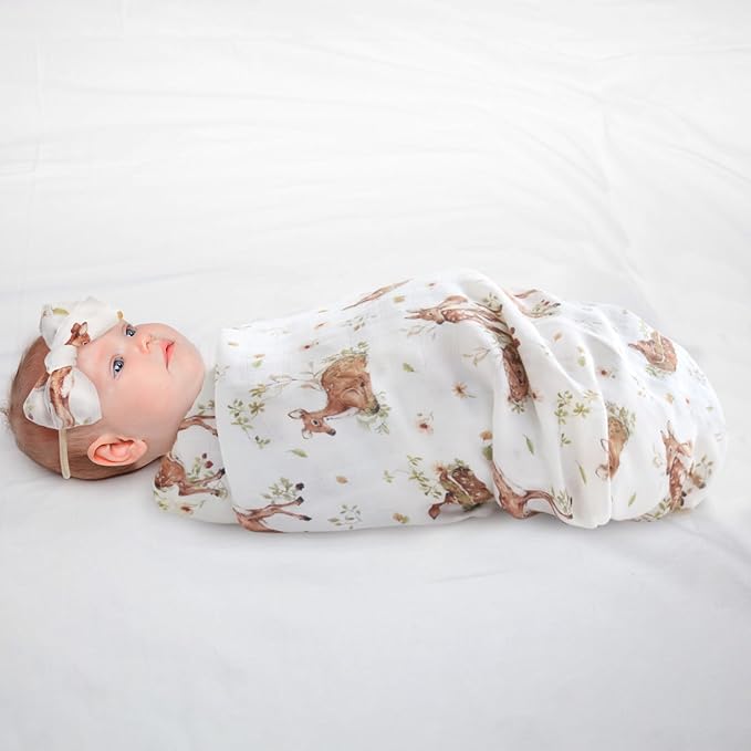LifeTree Baby Muslin Swaddle Blankets for Boys & Girls, Newborn Swaddle Set with Matching Headband Bow, Infant Blanket Wrap, 47 x 47 inches, Deer, 70% Viscose from Bamboo and 30% Cotton