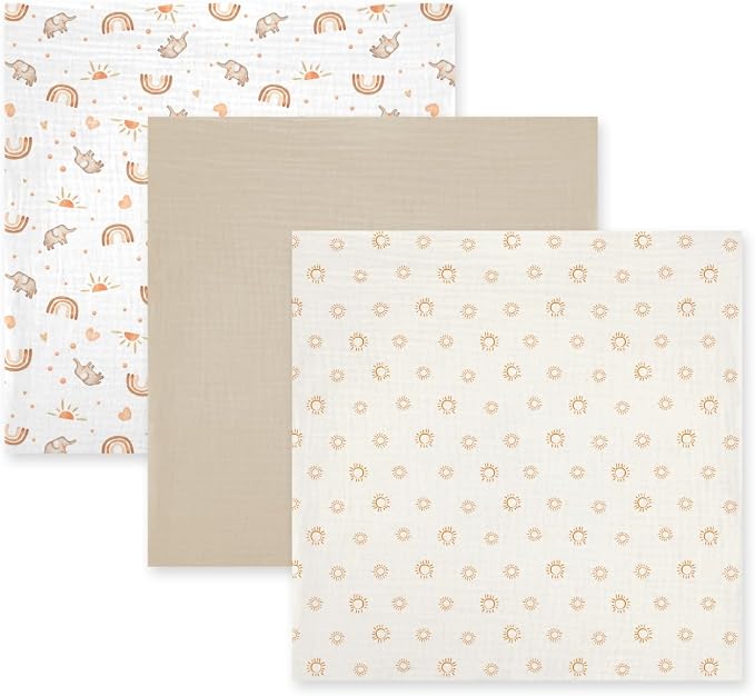 3-Pack Muslin Swaddle Blankets 47x47-100% Cotton Breathable Receiving Blankets for Newborn Baby, Soft Swaddling Wraps, Sunny Elephant Parade
