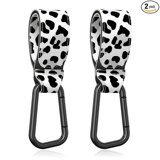 Baby Stroller Hooks for Hanging Bags, Universal Stroller Clips Accessories, Mommy Hook for Diaper Bag, Shopping Cart, Purse, Backpack - 2 Pack, Cow Spots
