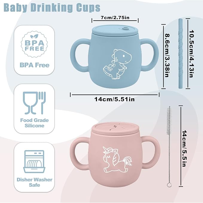 Silicone Straw Cup with Handles,2 PACK Silicone Baby Sippy Cups,Snack Cups for Toddlers,Dual-Purpose Toddler Training Cups,3 Stages Training Cup Dishwasher Safe and BPA Free 9 oz (PINK+BLUE)