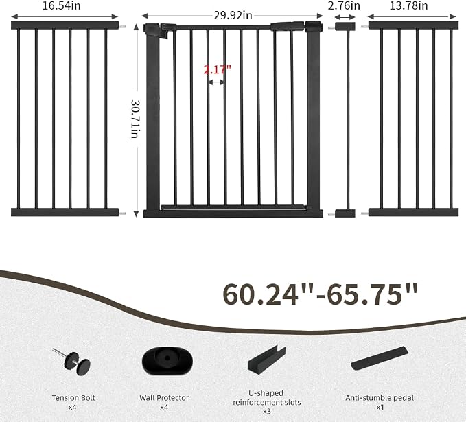 60.2"-65.7" Extra Wide Baby Gate for Doorways Hallways, 30 in Tall Dog Gates with Door No Drill, Auto Close Child Safety Gate for Pet Kid Doggie Cat Proof, Large Long Dog Barrier Indoor House, Black