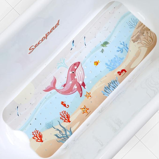 Secopad Bath Mat for Tub Non Slip, Machine Washable Anti-Slip Cartoon Baby Bathtub Shower Mat with Drain Holes and Suction Cups for Toddler & Kids (40 Inch x 16 Inch-Rectangular, Rosy Whale)