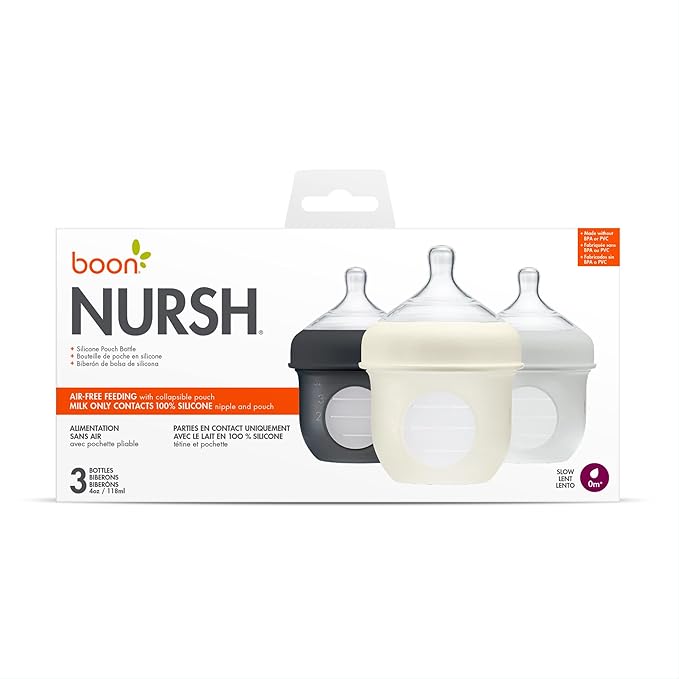 Boon Nursh Reusable Silicone Pouch Baby Bottles - Slow Flow Nipple - Silicone Baby Bottle Pouch and Nipple - Baby Feeding Essentials - Gray - 0-3 Months - 3 Count - 4 Ounce