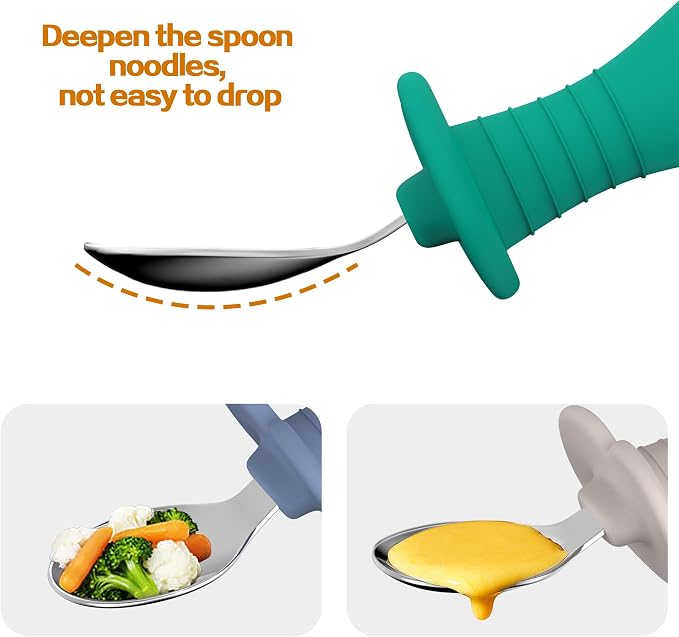 Baby Spoons Toddler Spoons for Self Feeding, Kids Spoons with Silicone Round Handle, Stainless Steel Toddler Utensils Children Safe Silverware Set, Anti-Choke Design, BPA Free (Grey, Lite Blue)