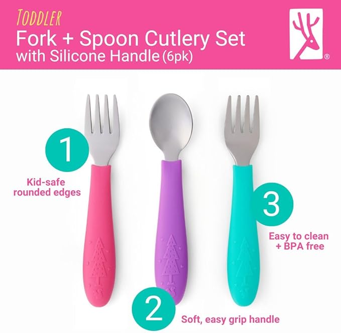 Elk and Friends Kids Silverware with Silicone Handle | Childrens Safe Flatware | Toddler Utensils | Baby Spoons + Forks | Stainless Steel Cutlery | Dishwasher Safe | 6 Pieces