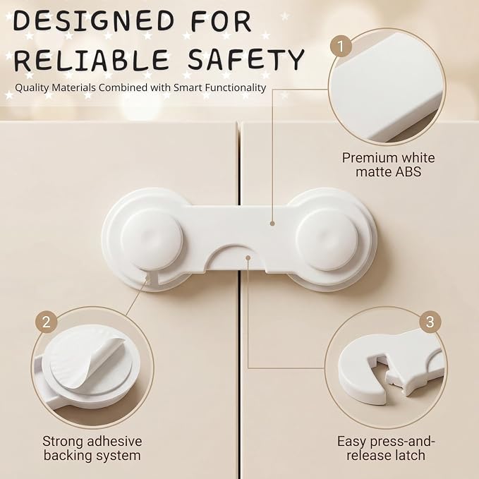 Cabinet Door Locks Baby Proof, 4 Pack Child Safety Latches with Adhesive for Cabinets Drawers Cupboards Fridge Closet Pantry, Premium ABS Material, White