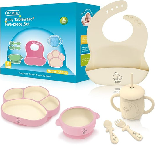 Dr.Isla Baby Feeding Set 5 Pcs - BPA Free Food Grade Silicone Baby Essentials - Includes Suction Plate & Bowl, Training Sippy Cup, Soft Spoon & Fork, Toddler Eating Utensils, Baby Gift, Pink