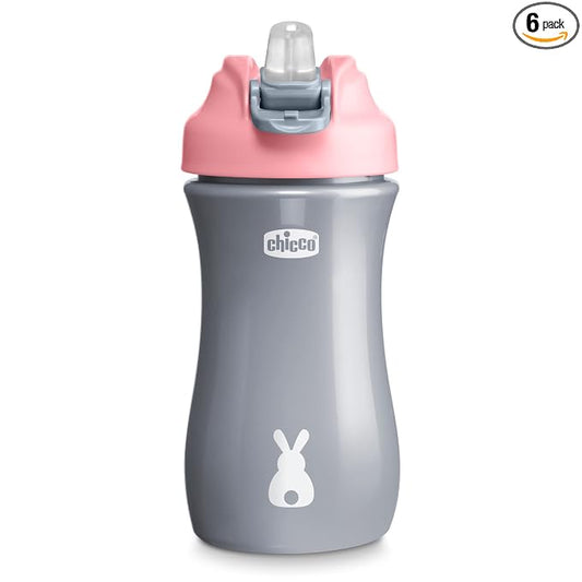 Chicco Soft Spout Tumbler with Silicone Straw and Spill-Proof Lid 12oz.| Built-In Carry Handle | Top-Rack Dishwasher Safe | Easy to Hold Travel Cup | Pink/Silver| 18+ months (Pack of 6)