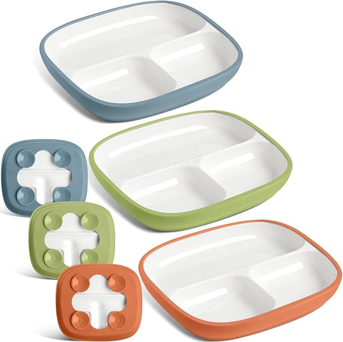 Domensi 3 Set Kids Porcelain Plates with Silicone Sleeves 8.2 Inch Divided Porcelain Plate Toddler White Suction Dishes for Baby Troubleless Eating Microwave Dishwasher Safe (Elegant)