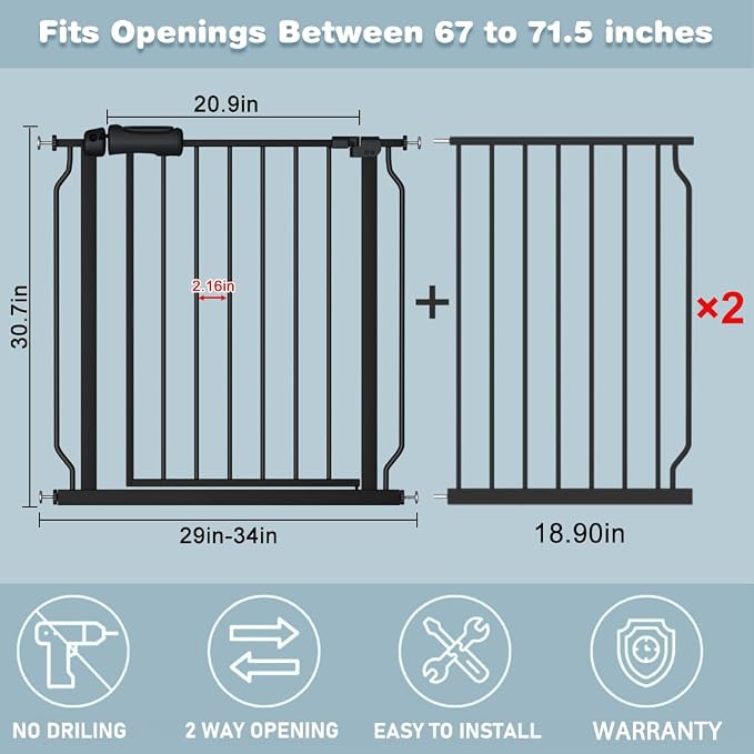 Extra Wide Baby Gate 67-71.5 Inch Wide Walk Through Pressure Mounted Auto Close Large Long Tension Gate for Dog and Cats Black