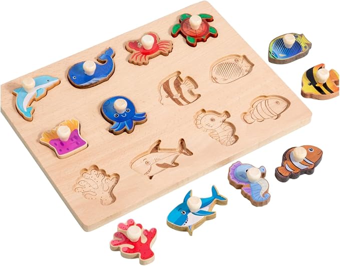 Vaveren Wooden Shapes Puzzle Shape Sorter Board Preschool Hand Eye Coordination Fine Motor Skill for Children Toddlers Birthday Gifts, Marine
