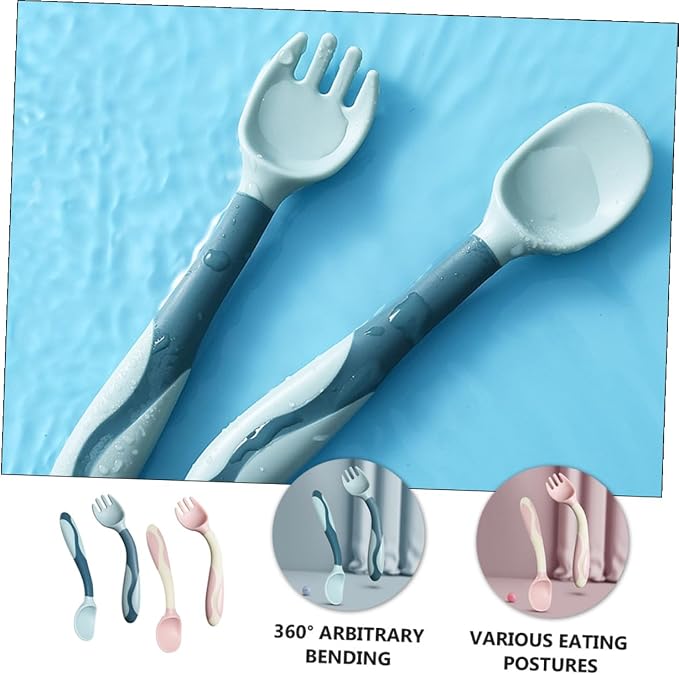 2 Sets Utensils Silicone Training Spoons and Forks with Flexible Bendable Design Non-slip Handle for Self-feeding Pink and Blue