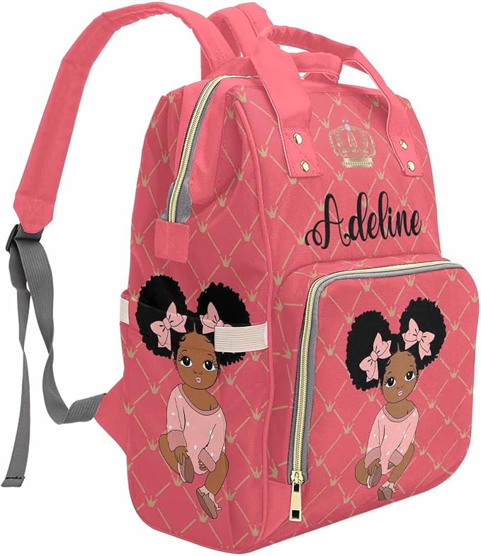 M YESCUSTOM Personalized Name Diaper Bag for Women, Customized Rose Pink Nylon Waterproof Backpack Golden Crown Nursing Mommy Bag Birthday Holiday Gift for Baby