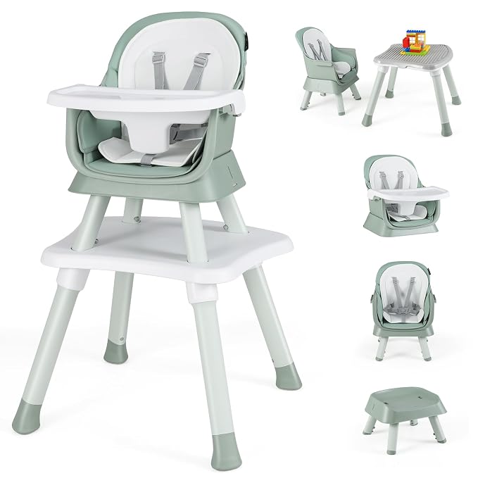 HONEY JOY 8 in 1 Baby High Chair, Convertible Highchair for Babies and Toddlers/Table and Chair Set/Building Block Table/Booster Seat/Stool/Toddler Chair with Safety Harness (Green)