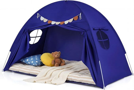 Costzon Toddler Bed Tent, Twin Size Indoor Canopy Tent for Kids w/ 2 Windows, Flag Banner, Brushed Fabric Privacy Playhouse, Portable Play Tent for Bunk Bed, Playroom, Suits 3+ Boys & Girls (Navy)