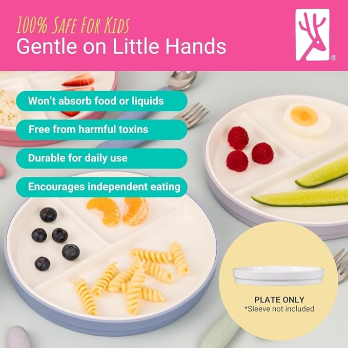 Elk and Friends Kids 7.8??Porcelain White Plates | Divided Plates | Suitable for Kids/Toddlers | Microwave & Dishwasher Safe | Non Slip | Snack Dishes | 2 Pack