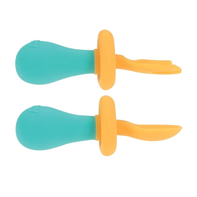 Nuby First Fork and Spoon Set - Utensils with Safety Guards for Babies 6+ Months - Orange and Aqua