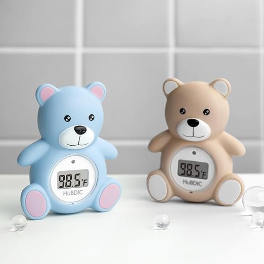HubiBaby Baby Bath Thermometer & Digital Room Temperature, 2in1 Kids Bathroom Safety Products with Temperature Warning, Floating Teddy Bear (Khaki)