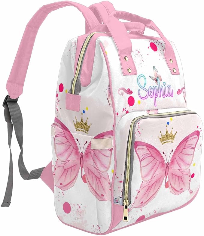 M YESCUSTOM Custom Diaper Bag for Girls - Large Capacity Backpack with Pockets - Butterfly Personalized Baby Diaper Bags for Mom - Waterproof Nappy Bag - Newborn Gift