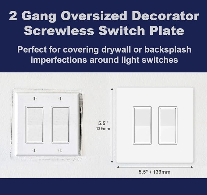 Art Plates - OVERSIZED Screwless Switch Plate - 5.5" x 5.5" - Jumbo 2 Gang Decorator GFCI Style - Unbreakable Polycarbonate - Two Gang Screwless Light Switch Cover Plate - Glossy White (5 Pack)