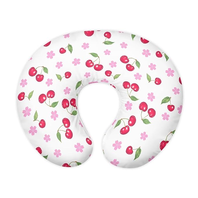 Cherry and Flower Nursing Pillowcase Slipcover for Breastfeeding Pillows, Soft and Stretchy Safely Breastfeeding Pillow Cover Portable and Easy to Clean