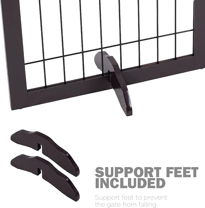 SPIRICH 96-inch Extra Wide 30-inches Tall Dog Gate with Door Walk Through, Freestanding Wire Pet Gate for The House, Doorway, Stairs, Pet Puppy Safety Fence, Support Feet Included(Espresso)